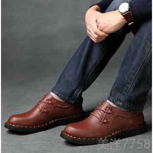 高档鞋2024秋冬新款男头士工商务皮透气真皮休闲大头系带装圆宽脚
