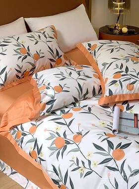 高档田件园风全棉式80支长绒棉四套纯棉印花美贡缎床笠款床单床上