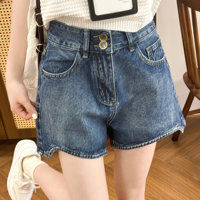 复古牛仔蓝色短裤女夏季薄款低腰显瘦小个子梨形身材a字三份热裤