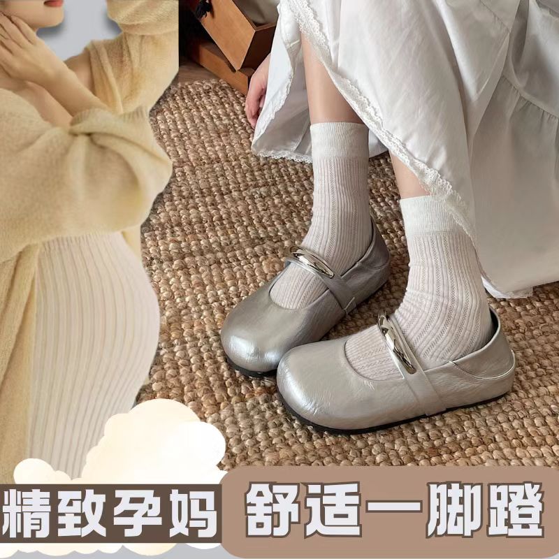 孕妇鞋一字带复古银色玛丽珍单鞋