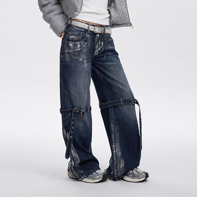 烫印直筒长裤常规牛仔