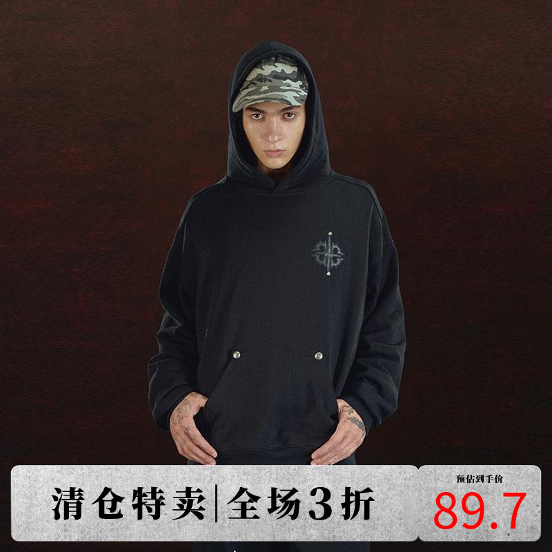 DICETINY贴皮LOGO帽衫宽松纯棉重磅连帽卫衣铆钉街头潮牌休闲上衣