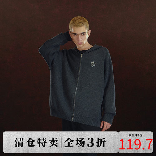 DICETINY拉链开衫毛衣金属LOGO宽松连帽外套街头休闲潮牌针织衫秋
