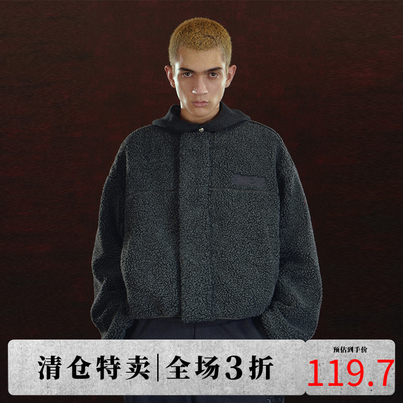 DICETINY羊羔绒贴布外套圆领保暖加绒刺绣logo宽松短款摇粒绒上衣