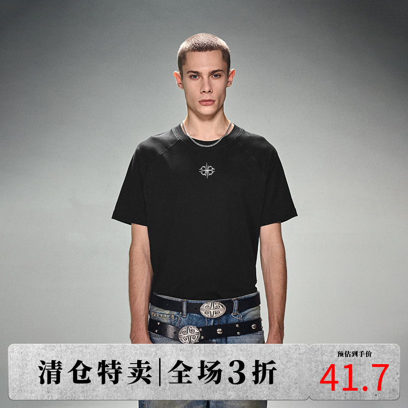 DICETINY 高周波印花男士打底衫2025新款美式高街上衣黑色短袖T恤