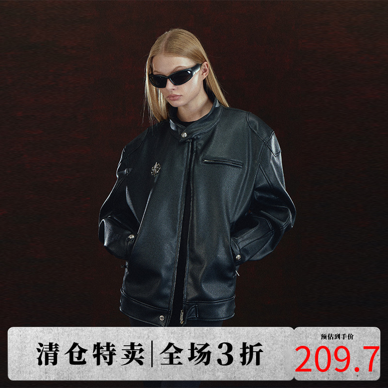 DICETINY立领机车夹克拼接pu皮衣金属logo防风黑色街头暗骑士外套