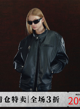DICETINY立领机车夹克拼接pu皮衣金属logo防风黑色街头暗骑士外套