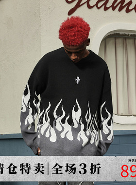 DICETINY 基础logo火焰圆领印花破坏感毛衣男女美式潮牌高街上衣