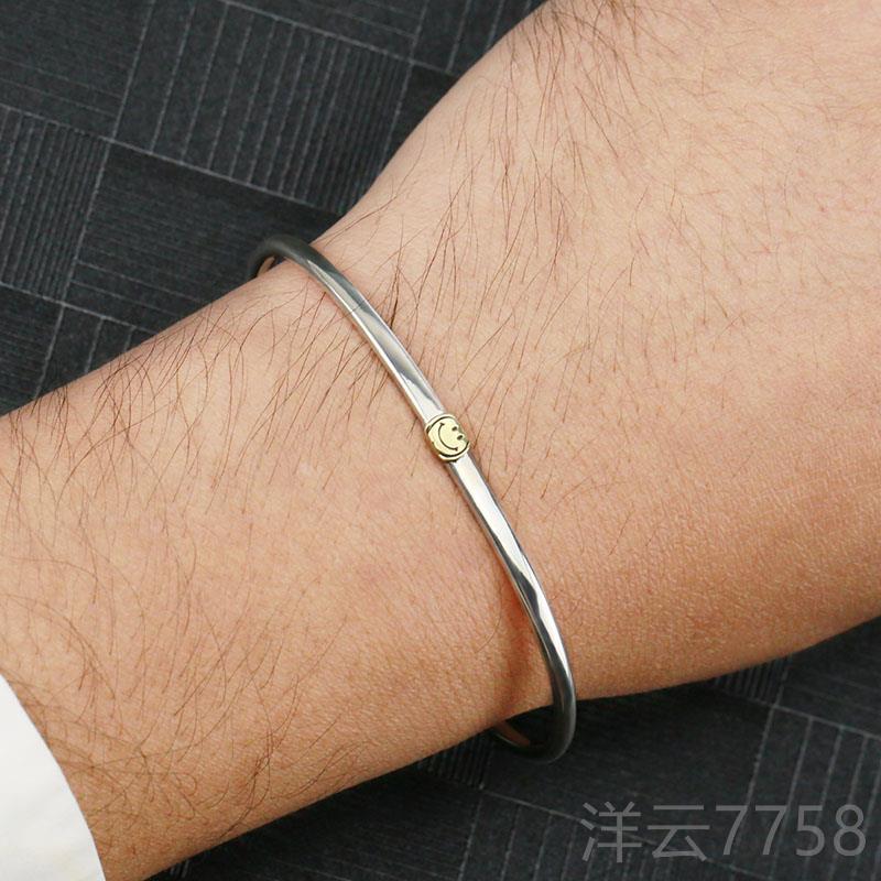 高档牛钝精 amp情 Jaapn经典笑脸手镯工纯银925男女侣手环手链细