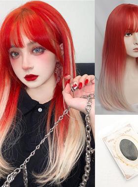 高档金渐变粉白红色假发长卷发大团浪水纹女全头套波网红主播个性