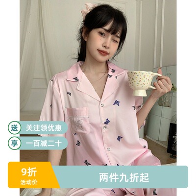 烫钻蝴蝶三件套甜美风睡衣女冰丝春夏季短袖凉爽家居服套装很贴身