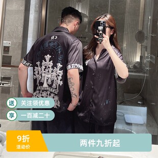 新款情侣睡衣短袖短裤三件套潮牌水墨印花轻奢感可外穿家居服
