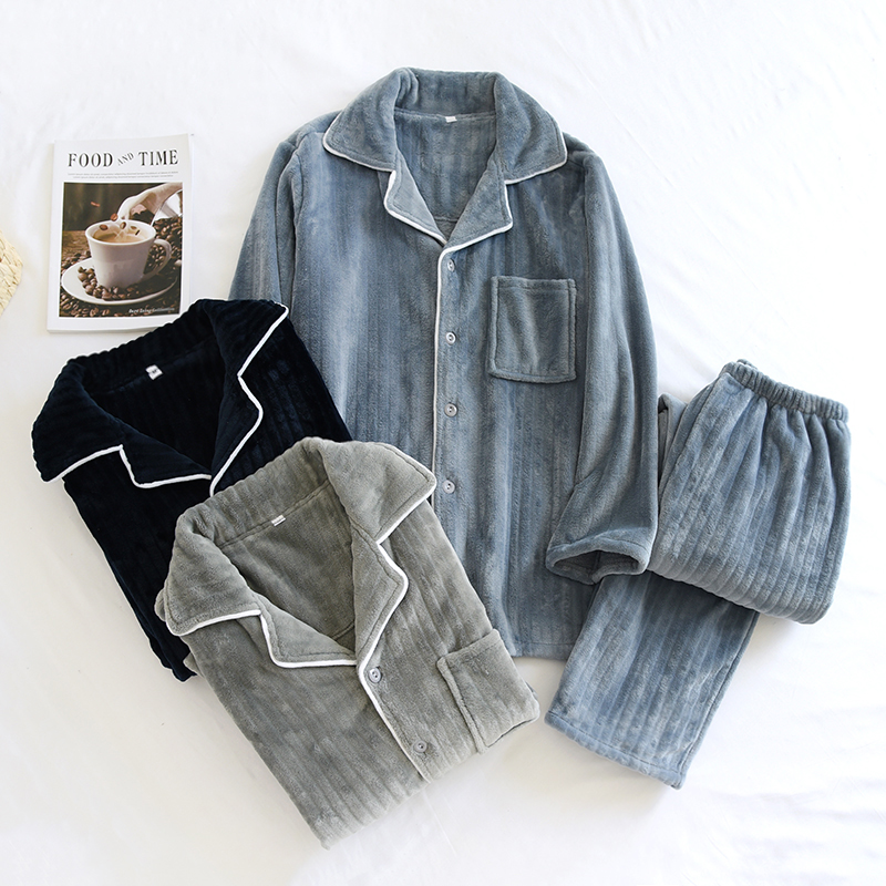 男士坑条法兰绒睡衣套装冬加厚保暖珊瑚绒开衫长裤简约纯色家居服