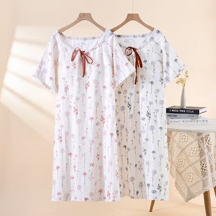 高级感复古风带胸垫短袖睡裙女夏季纯棉纱布薄款印花家居服睡衣