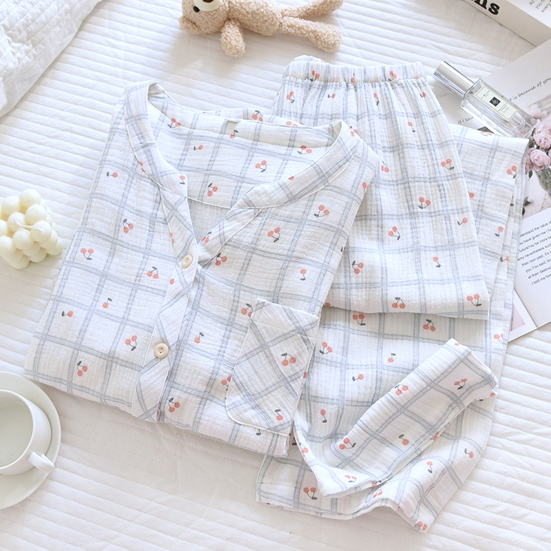 V领可挽袖格子睡衣女纯棉纱樱桃开衫春夏家居空调睡眠服可外穿薄