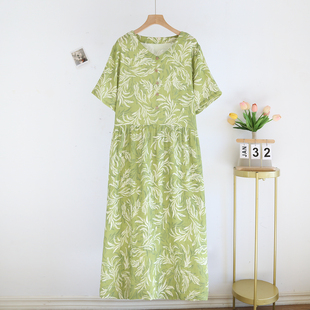 夏季绿叶短袖睡裙女士纯棉纱长款V领家居连衣裙薄款可外穿防蚊裙