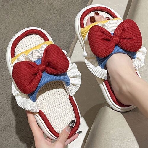 春秋亚麻公主拖鞋女士可爱家居室内静音四季防滑蝴蝶结棉麻家用