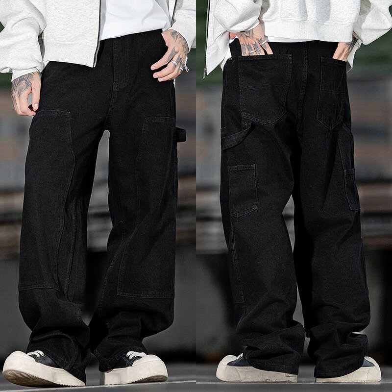 潮流复古水洗做旧日系个性设计伐木裤休闲时尚百搭工装牛仔直筒裤