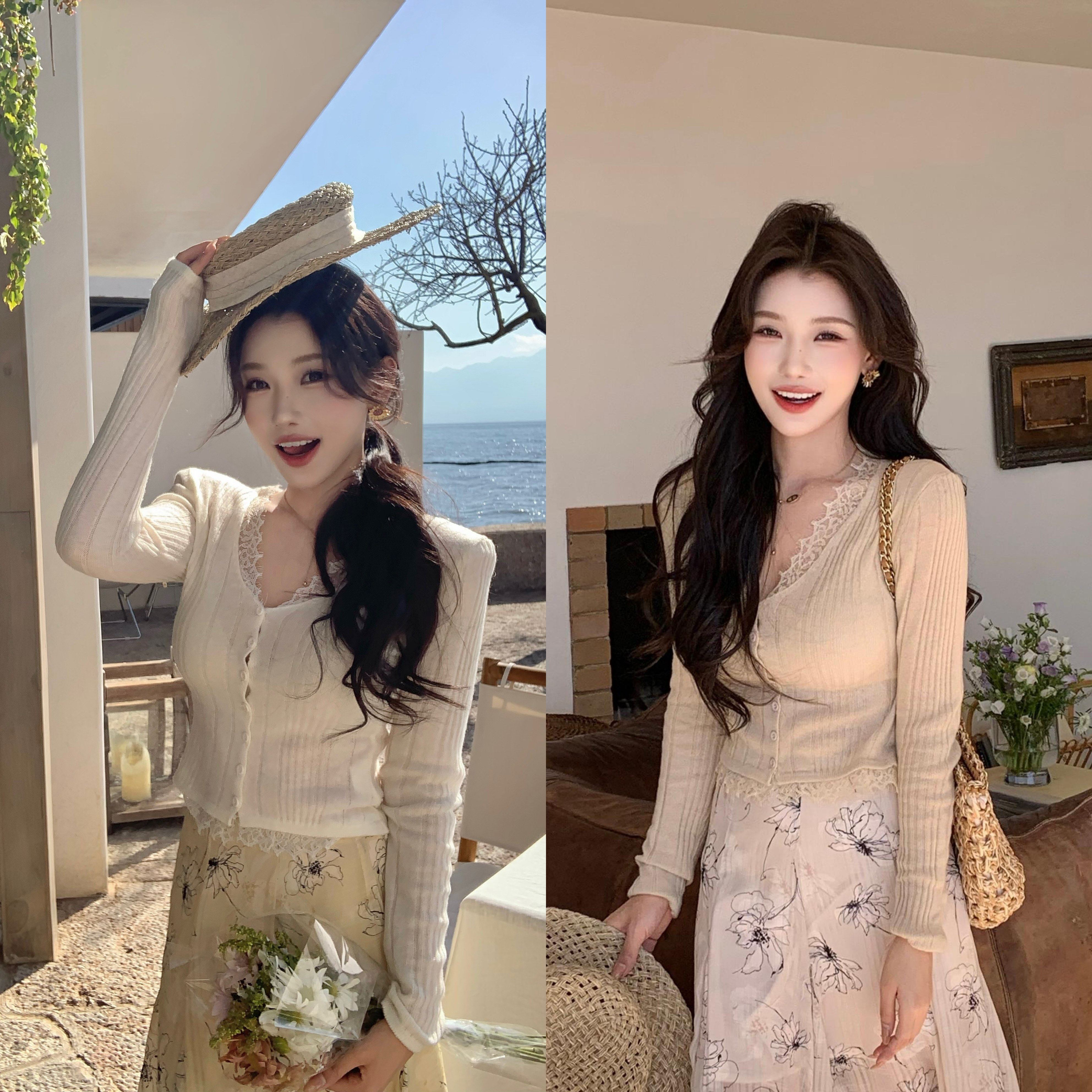 陈六六CHENLIULIU【清晨茶话】早春舒适蕾丝花边V领修身针织上衣