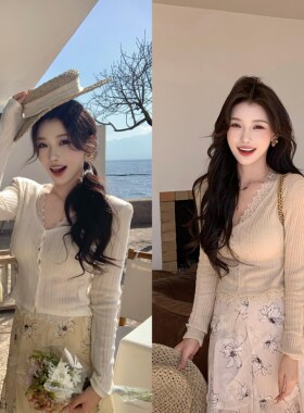 陈六六CHENLIULIU【清晨茶话】早春舒适蕾丝花边V领修身针织上衣