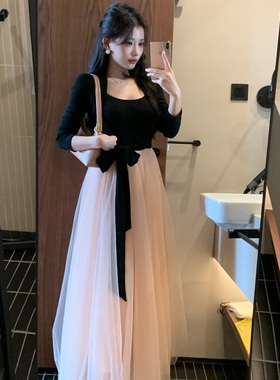 陈六六CHENLIULIU【香颂千金】超气质赫本氛围感坎肩长袖撞色长裙