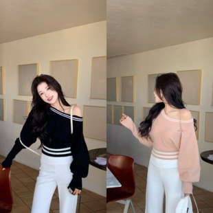 陈六六CHENLIULIU【约会心机】软糯斜肩宽松设计感慵懒毛衣上衣