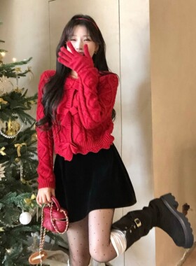 陈六六CHENLIULIU【圣诞愿望】节日气氛红色蝴蝶结毛衣丝绒半身裙