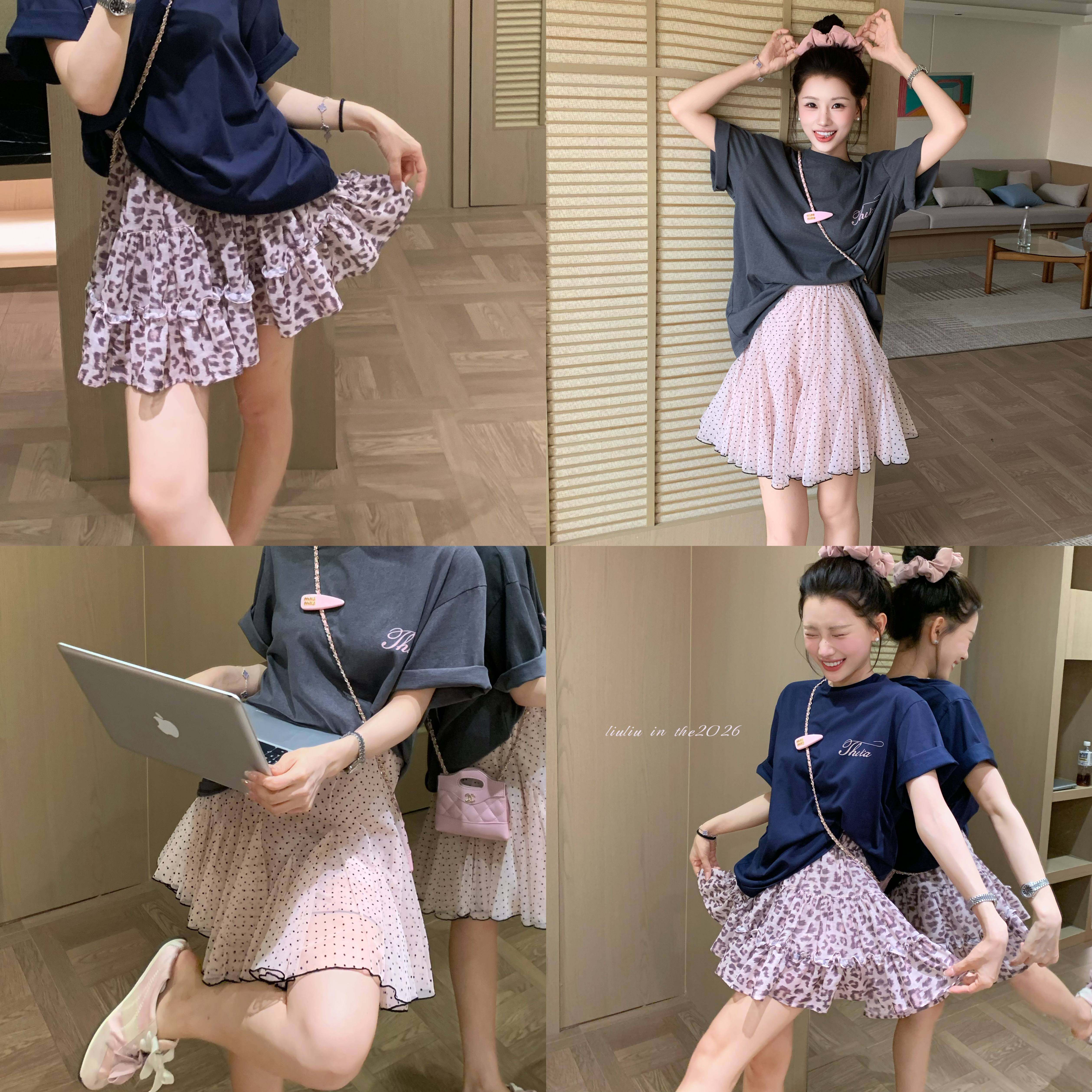 陈六六【甜酷少女】吸睛灵气感摆纱复古小众粉豹纹款波点款半身裙