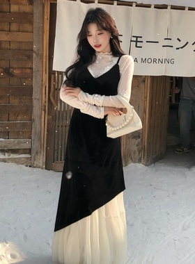 陈六六CHENLIULIU【娇宠千金】优雅V领丝绒拼接网纱吊带连衣长裙