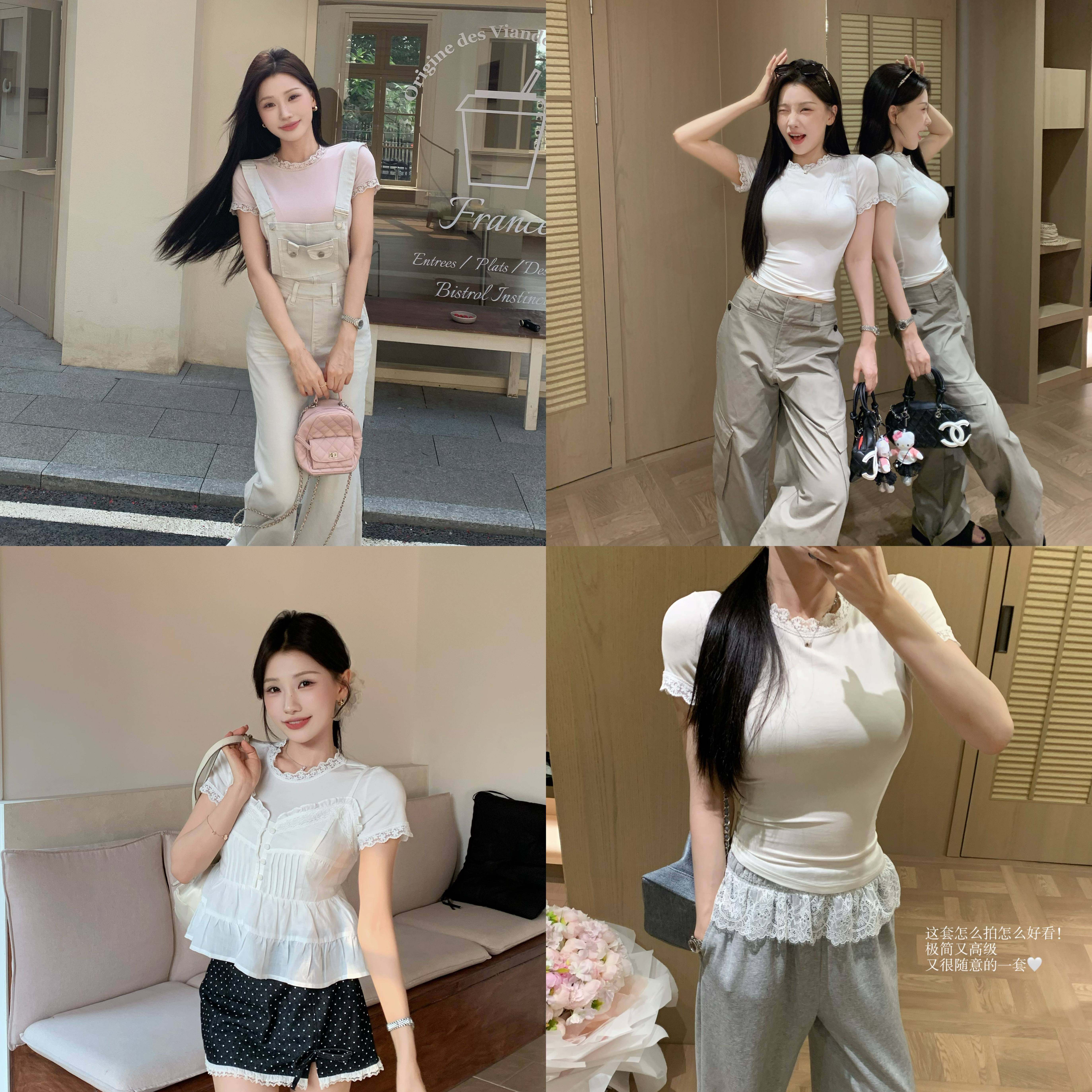 陈六六【私服蕾丝T】夏日拼接蕾丝韩系透气修身显瘦微透短袖上衣