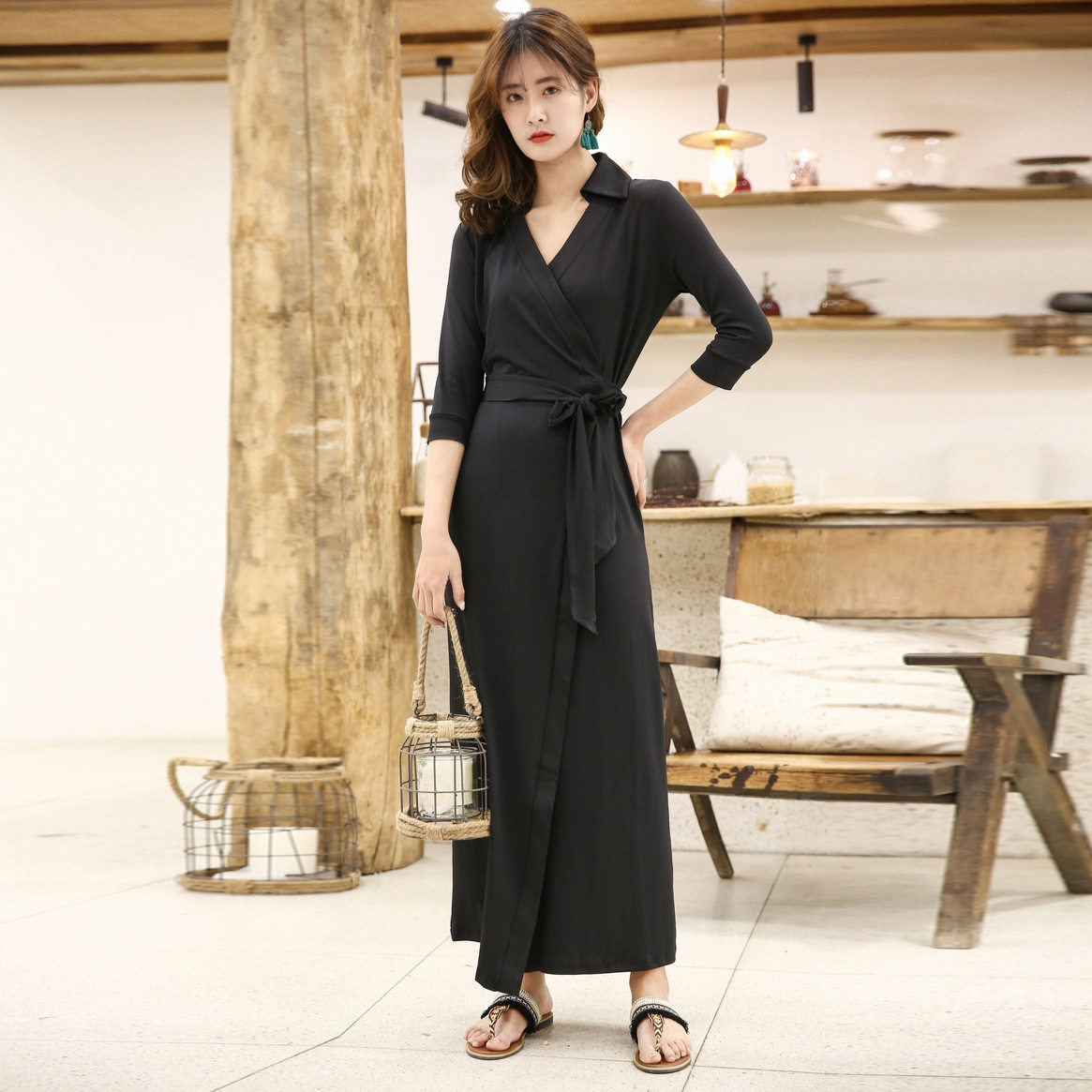 欧美女装纯色时尚修身长款七分袖裹身连衣裙女PG DVF2025夏季新款