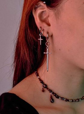 铜合金耳饰 哥特式剑十字架耳环Kinitial垂吊甜酷男女生朋克耳饰