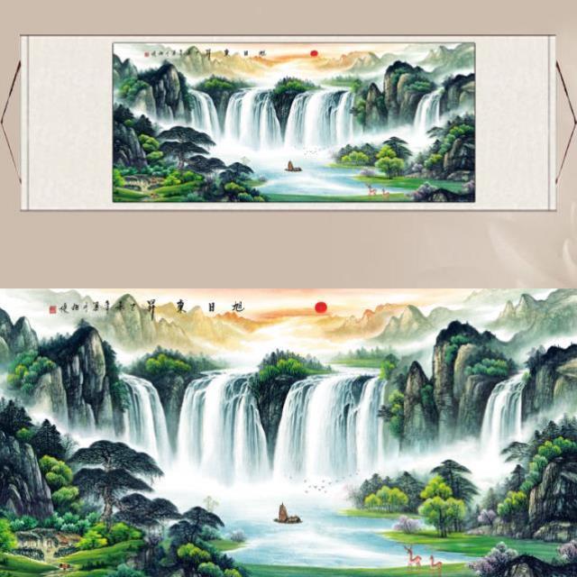 山水画聚宝盆流水生财办公室巨幅山水中堂挂画酒店大厅字画风水画