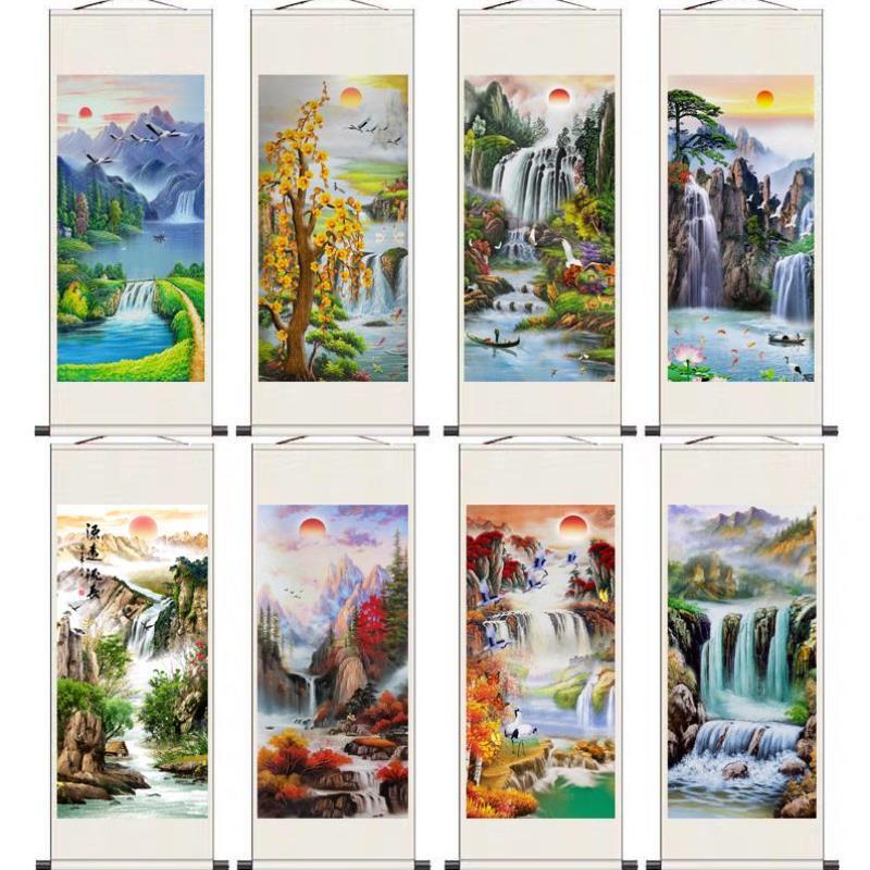发财树财源滚滚山水字画酒店玄关装饰笔画丝绸礼品送客户靠山画