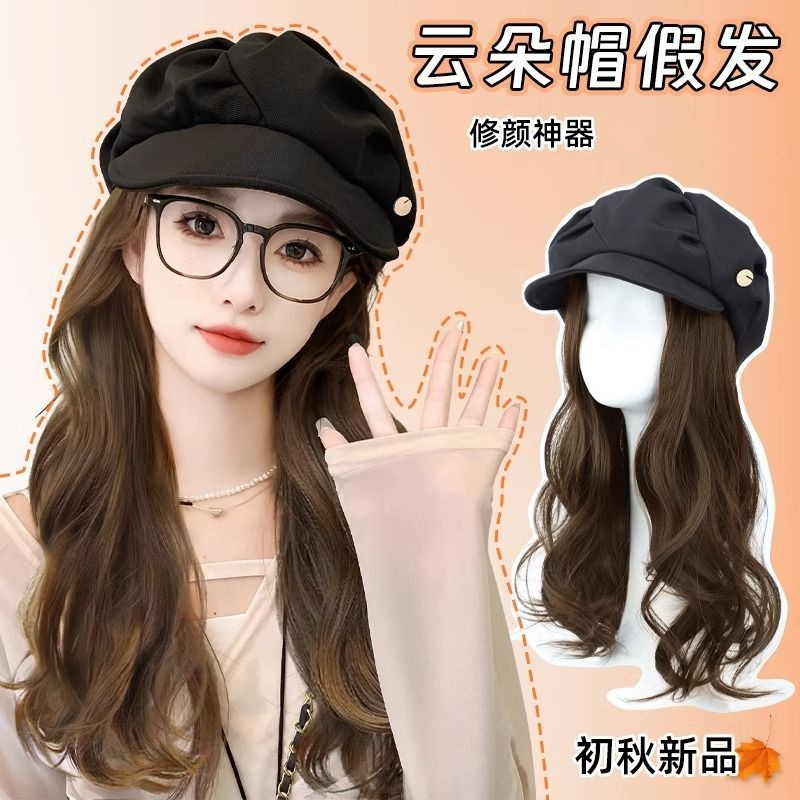 八角贝雷帽子假发一体式云朵帽大头围仿真发大波浪长卷发假发帽子