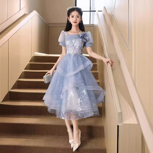 蓝色晚礼服2026新款宴会高级感学生艺考连衣裙主持人蓬蓬裙小个子