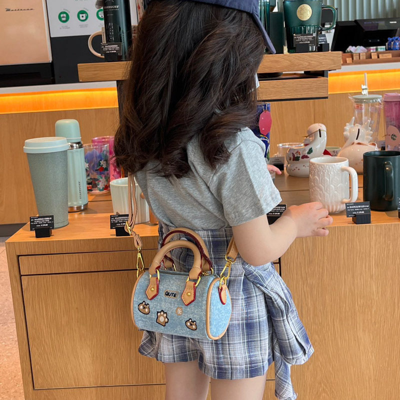 新款儿童女童可爱猫咪刺绣迷你枕头包牛仔手拎包女孩简约女斜挎包