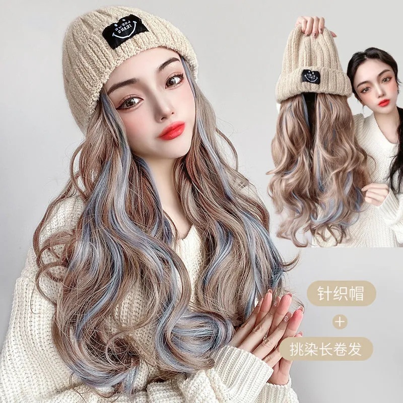 假发女长发帽子假发一体网红挑染针织帽中长卷发全头套式仿真人发