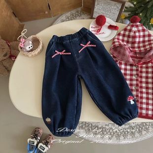 2025秋冬新款女童中小童加绒裤子洋气百搭刺绣收口牛仔裤韩版超萌