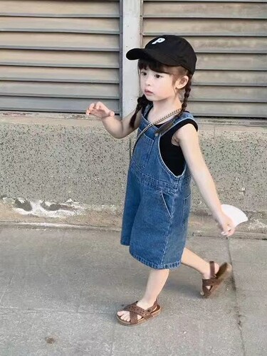 女童牛仔背带裤背心套装两件套男