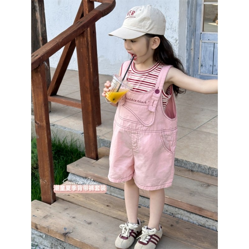 女童夏季彩条背心背带裤短裤套装图片