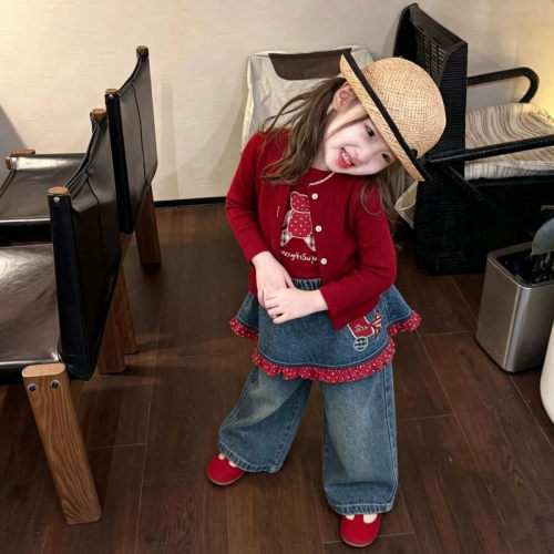 女童秋季针织开衫阔腿裤套装