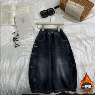 儿童弯刀裤加绒牛仔裤男童女童一体绒长裤潮2025新款韩版宽松裤子
