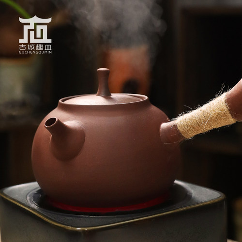 老岩泥中式粗陶侧把煮茶烧水陶壶