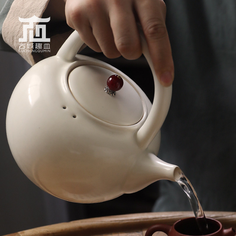 草木灰釉提梁大容量1.4升烧水煮茶器白陶壶电陶炉套装家 商用中式