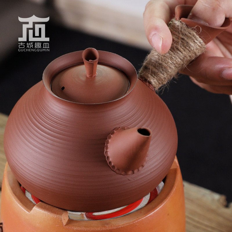明德园林嬿潮州红泥手拉砂铫全手工薄胎侧把陶壶炭炉电陶炉玉书煨