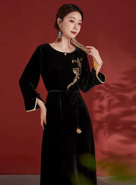 原创[100%桑蚕丝]国风时尚连衣裙重工刺绣裙子气质风显瘦裙子8372