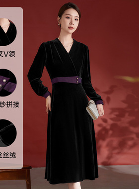 秋冬优雅气质真丝丝绒连衣裙女V领收腰撞色桑蚕丝礼服中长裙8512
