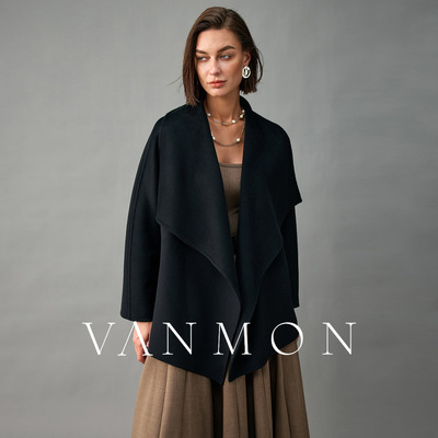 2025秋冬季大翻领100纯山羊绒短款双面呢大衣女百搭系带外套上衣