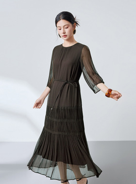 源头工厂100%桑蚕丝顺纡连衣裙26夏新款女轻薄透收腰气质长裙3325